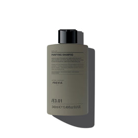 PREVIA Purifying Shampoo bottle pour for easy, controlled cleansing.