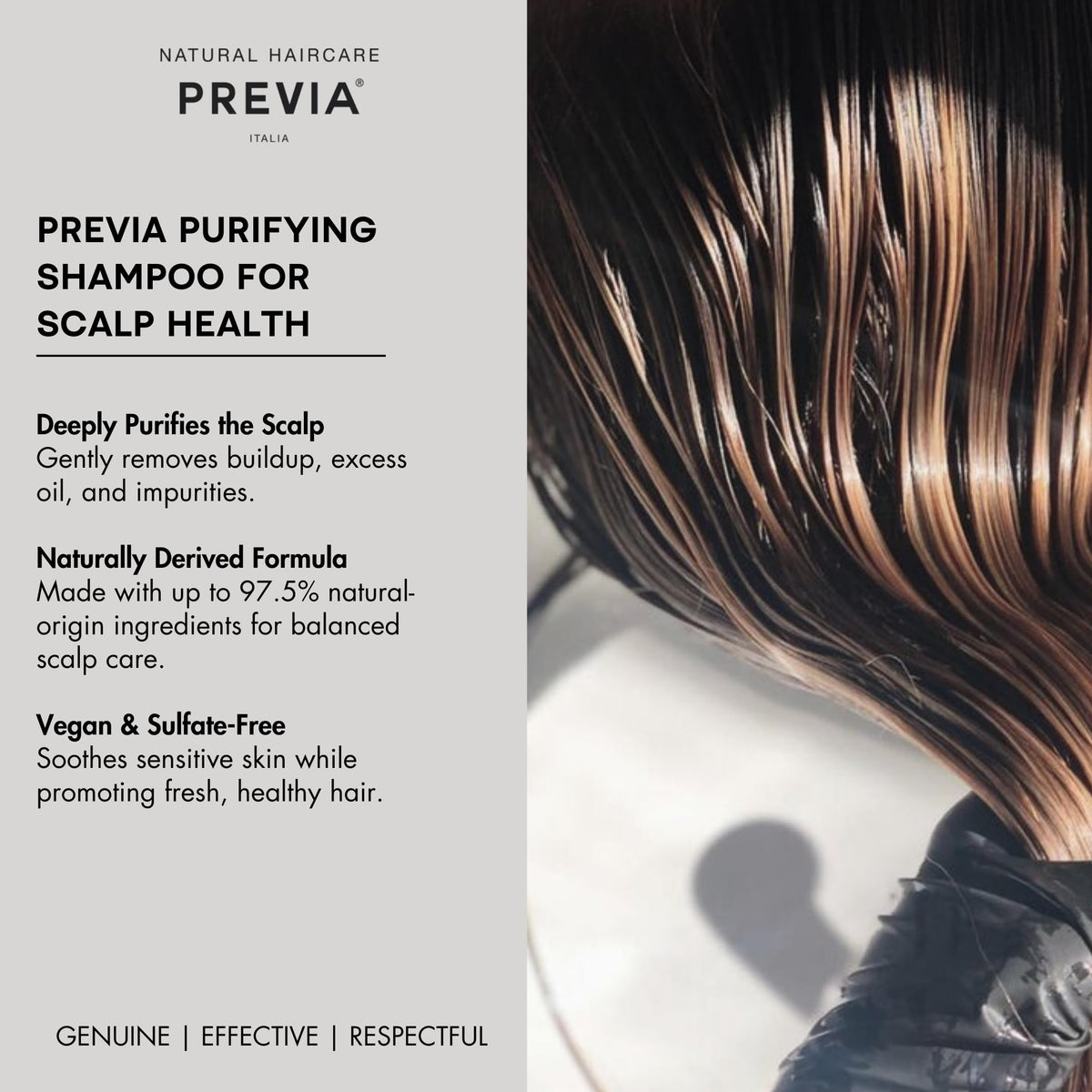 PREVIA Purifying Shampoo ingredients highlight dandelion, green clay, and tea tree oil for purification.