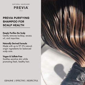 PREVIA Purifying Shampoo ingredients highlight dandelion, green clay, and tea tree oil for purification.