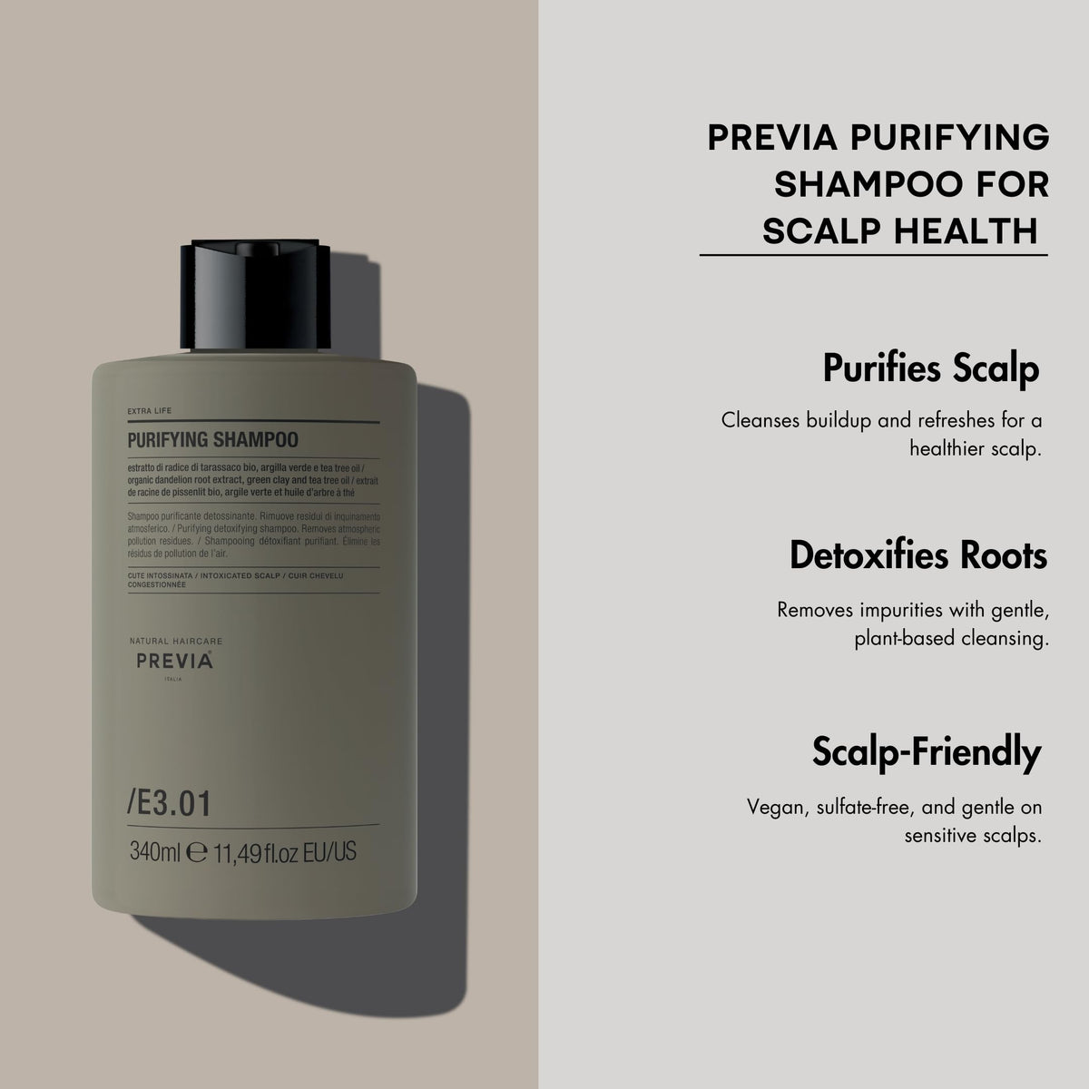 PREVIA Purifying Shampoo scalp detox mud for a calming cleanse.