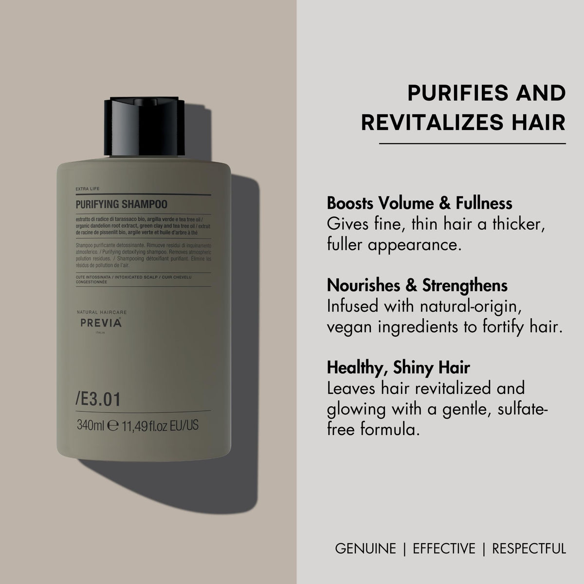 PREVIA Purifying Shampoo with tea tree oil for refreshing scalp care.