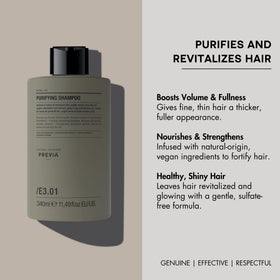 PREVIA Purifying Shampoo with tea tree oil for refreshing scalp care.