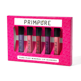 Prim and Pure Mineral Play Lip Gloss pack of 5 tubes displayed, safe for kids.