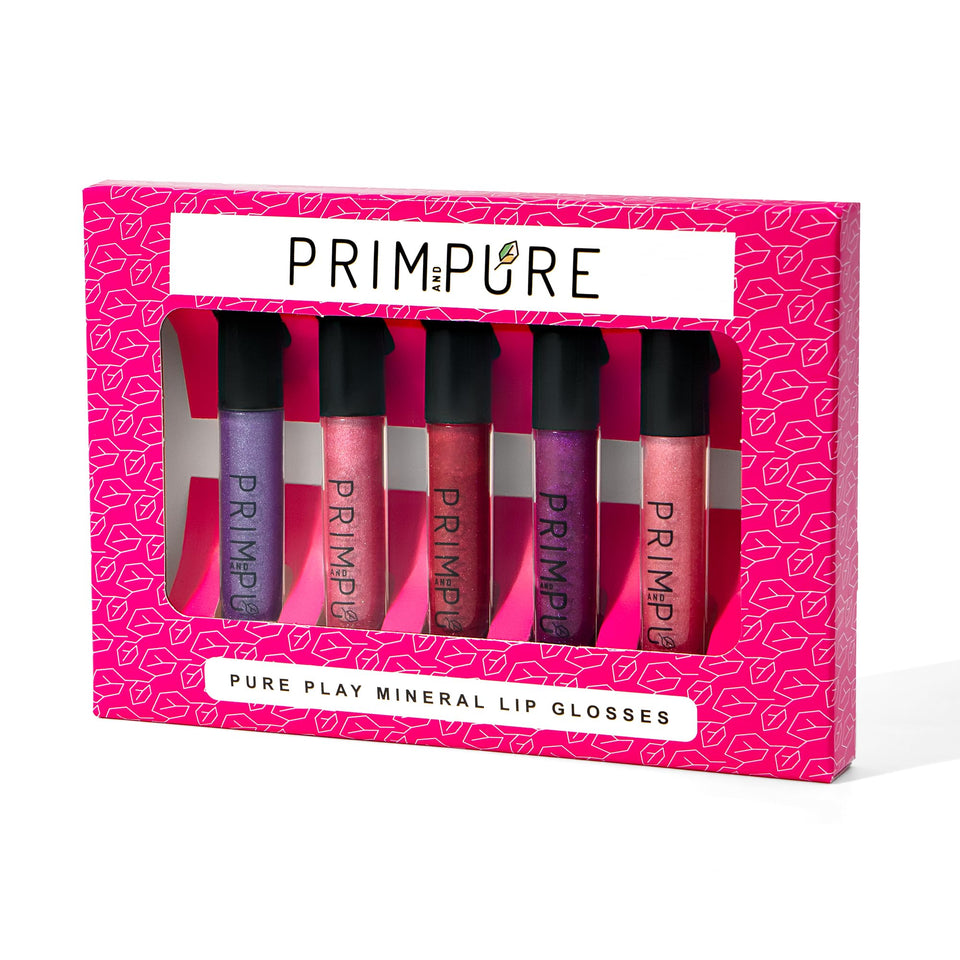 Prim and Pure Mineral Play Lip Gloss pack of 5 tubes displayed, safe for kids.