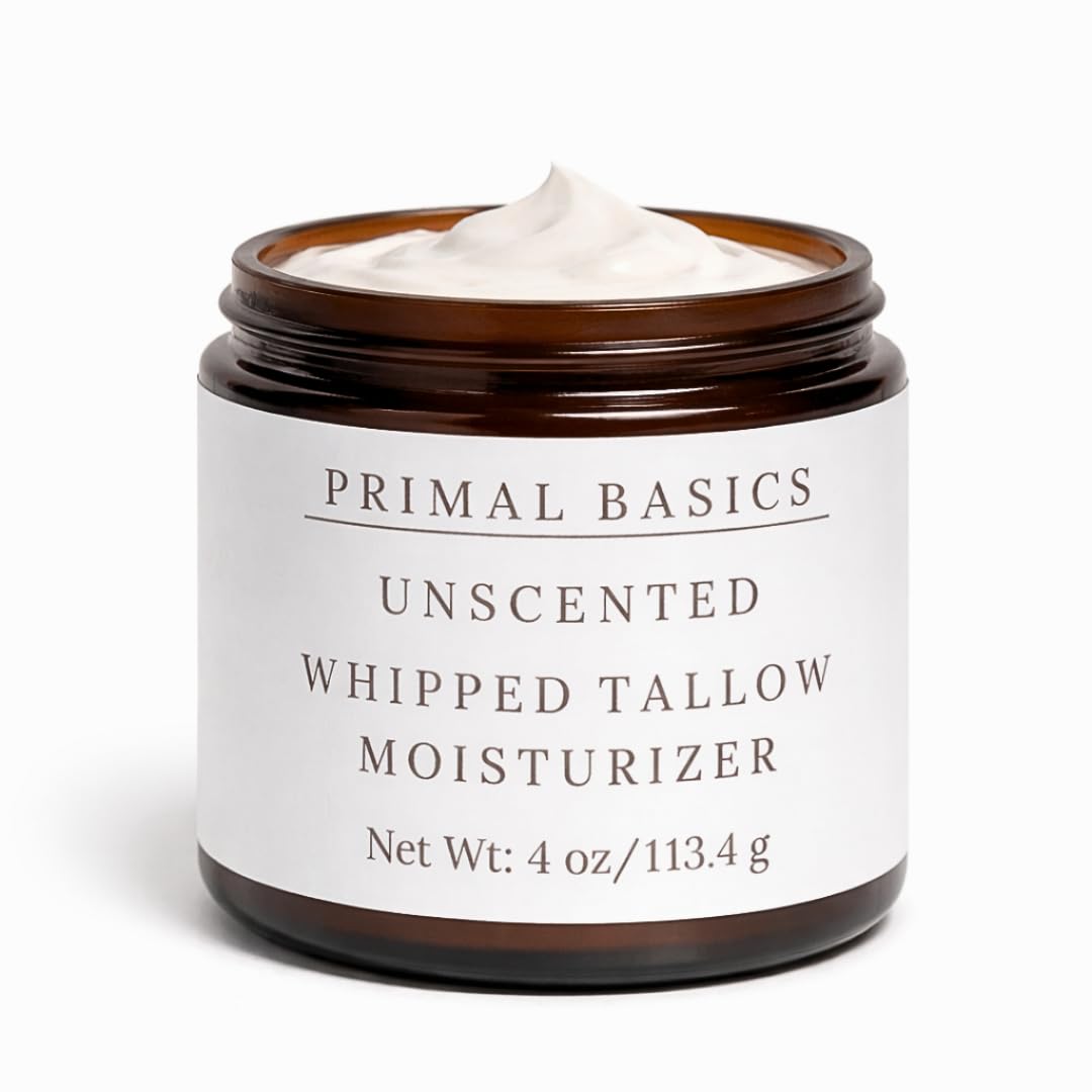 Primal Basics beef tallow moisturizer jar—whipped texture for hydrated skin.