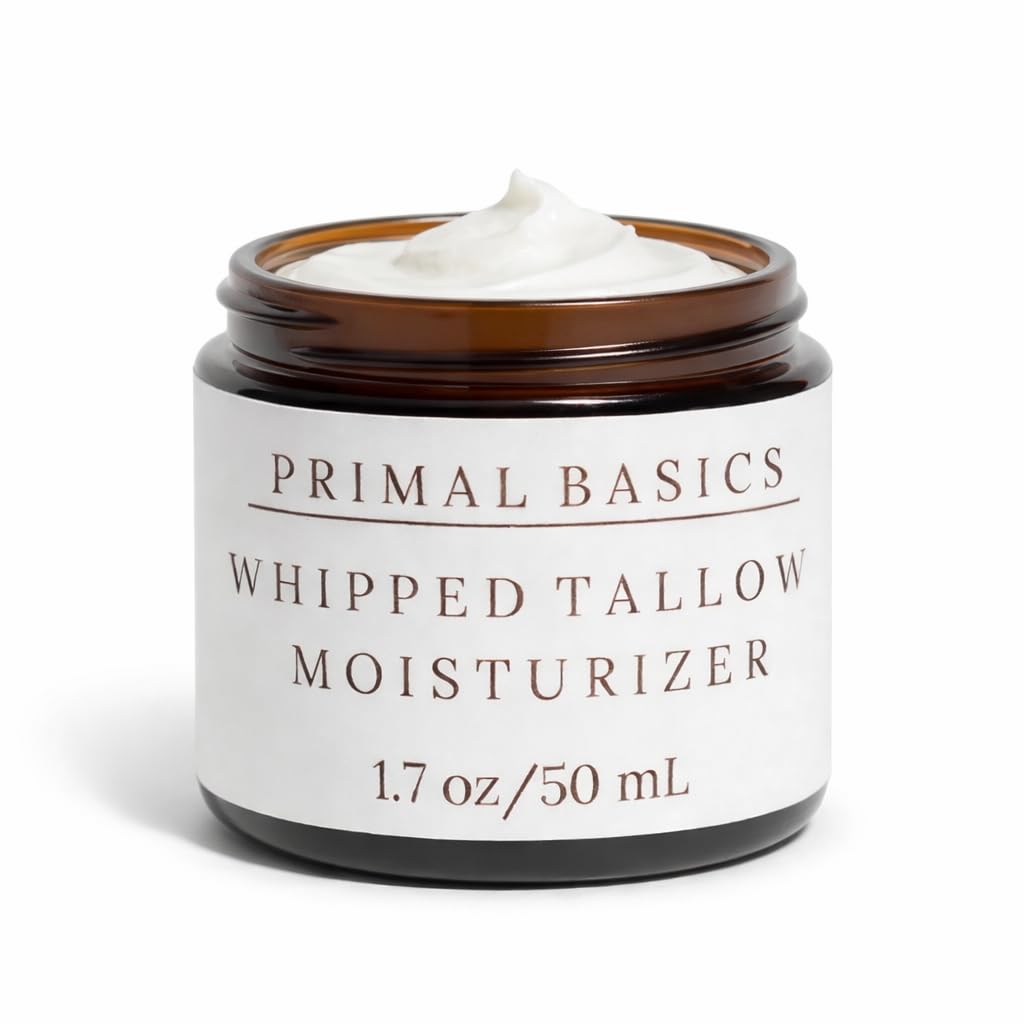 Primal Basics beef tallow moisturizer vanilla jar provides deep hydration for the skin.