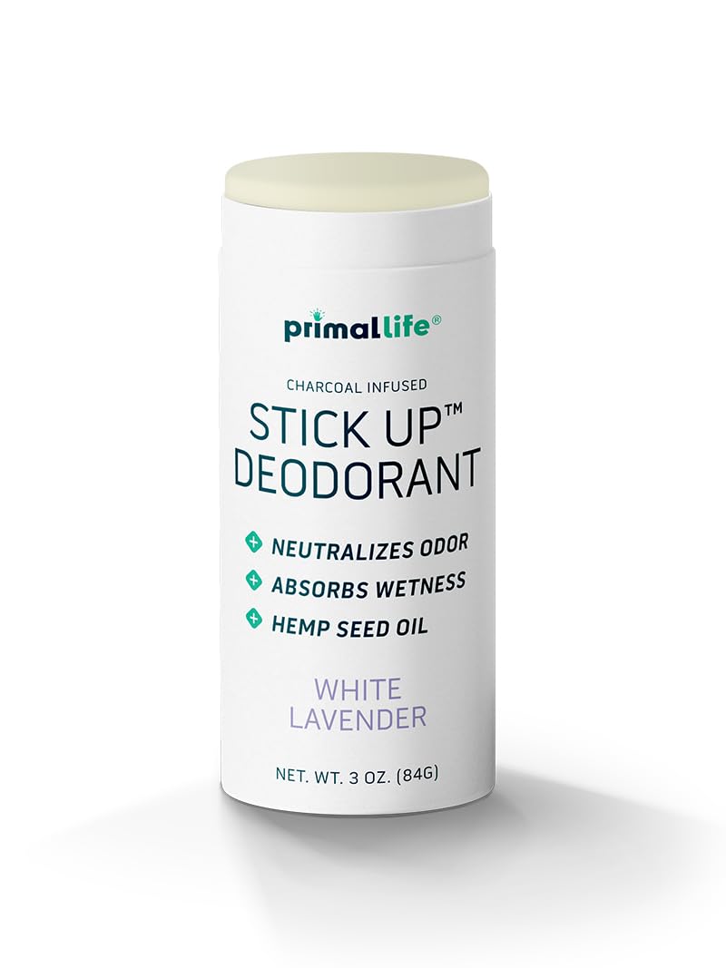 Primal Life Organics Stick Up deodorant in white lavender bottle offers all-day freshness.