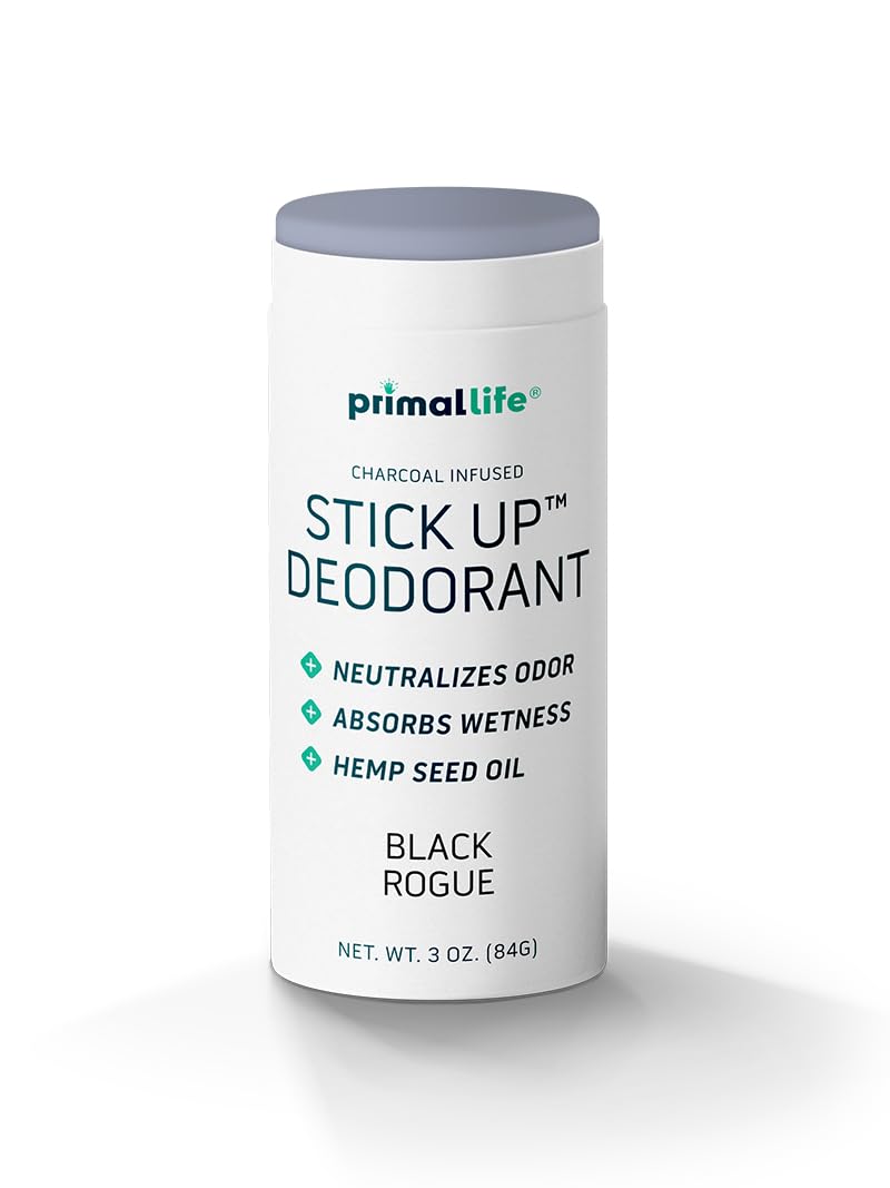 Primal Life Stick Up Black Deodorant being applied for odor control.
