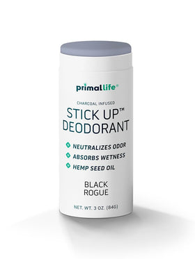 Primal Life Stick Up Black Deodorant being applied for odor control.