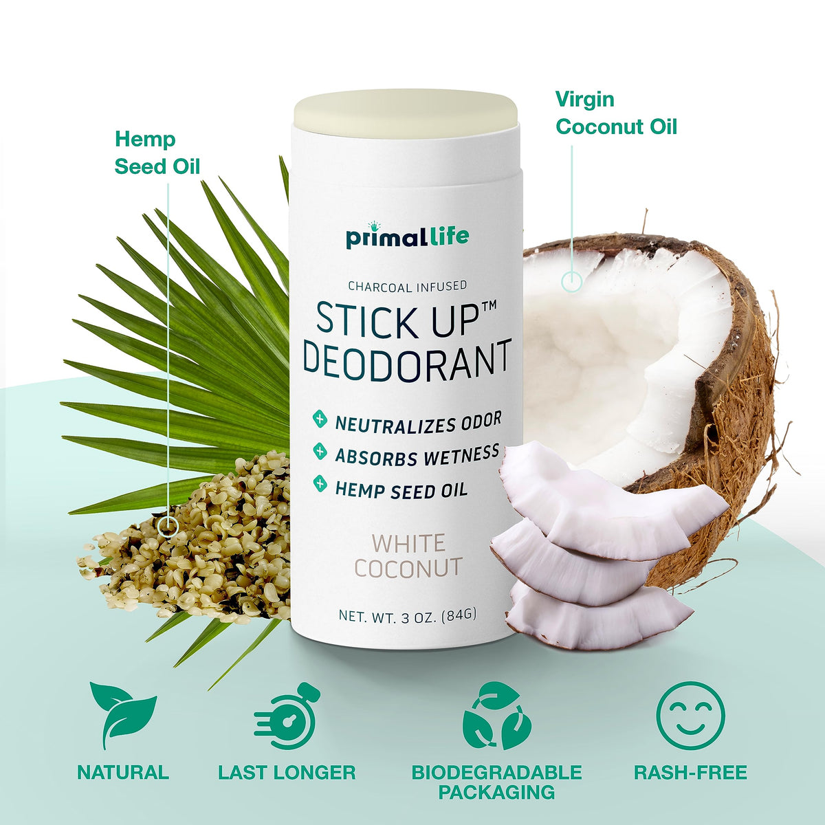 Primal Life Stick Up deodorant eco-friendly packaging highlights cardboard tube.