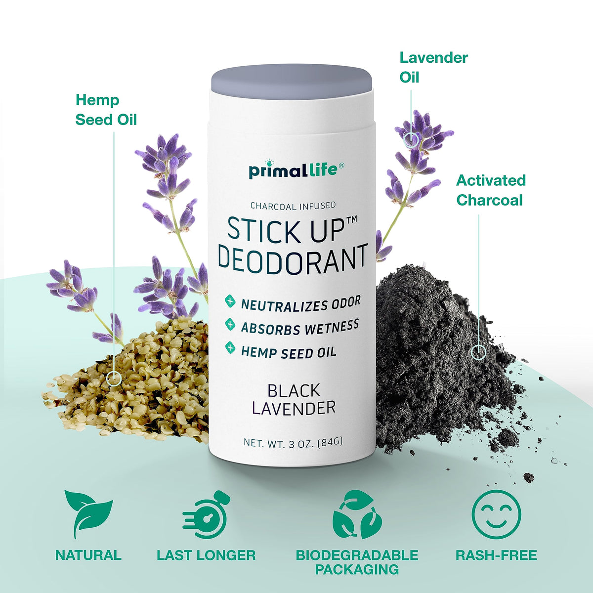 Close-up of lavender oil on Stick Up deodorant with natural scent notes.