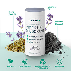Close-up of lavender oil on Stick Up deodorant with natural scent notes.