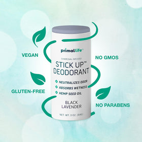 Stick Up deodorant packaging highlighting clean ingredients and sustainability.