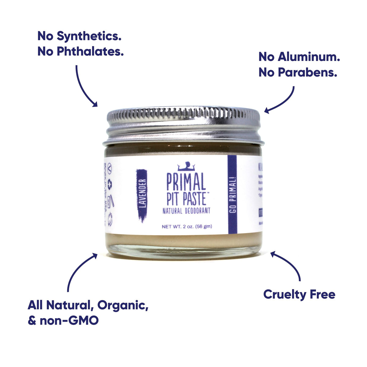 Primal Pit Paste Lavender application on skin provides all-day odor control.