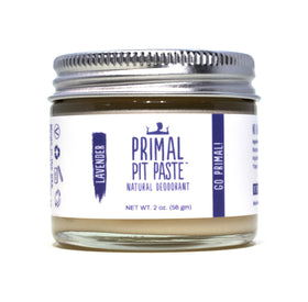 Primal Pit Paste Lavender deodorant packaging with eco-friendly materials and aluminum-free protection.