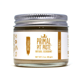 Primal Pit Paste Patchouli deodorant jar close-up showing natural texture and scent