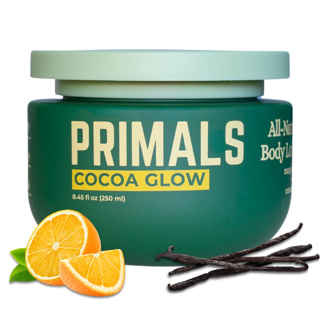 PRIMALS All Natural Body Lotion bottle showing cocoa and mango butters for rich hydration