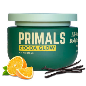 PRIMALS All Natural Body Lotion bottle showing cocoa and mango butters for rich hydration