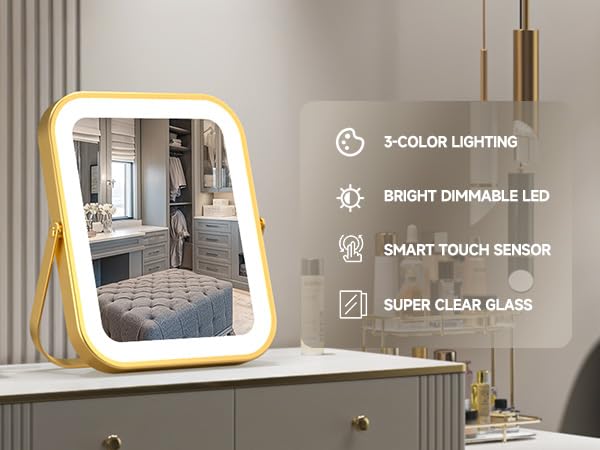 PRIMETEK vanity mirror with 3-color lighting for day to night looks.