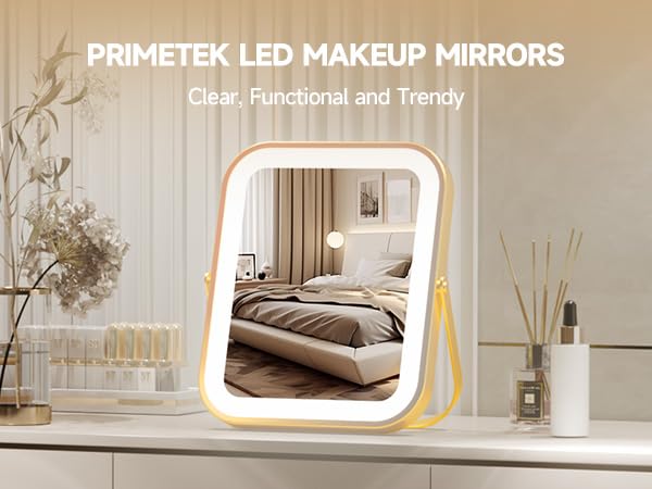 PRIMETEK vanity mirror touch screen controls for quick brightness adjustments.