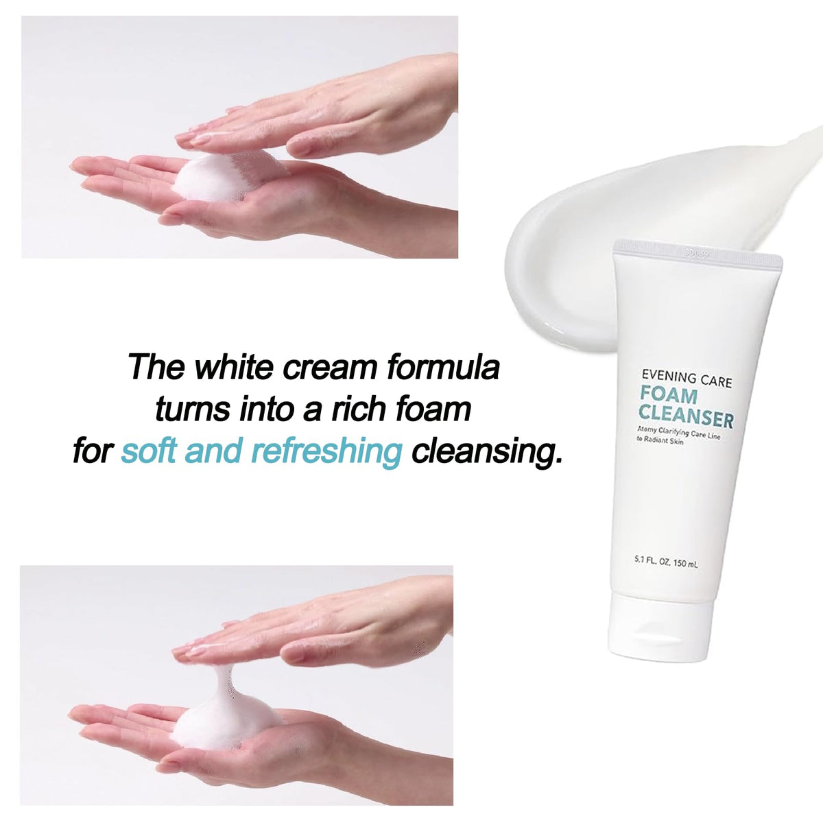 Priming Water foam cleanser rich lather shown during application for a refreshing cleanse.