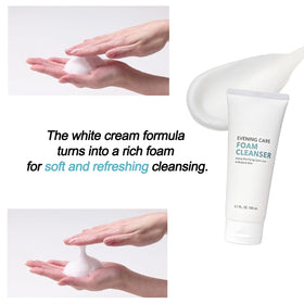 Priming Water foam cleanser rich lather shown during application for a refreshing cleanse.