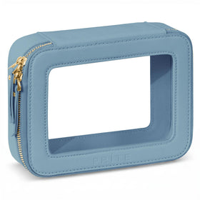 Prite clear makeup bag blue front showcases sleek vegan leather and durable build for travel storage.