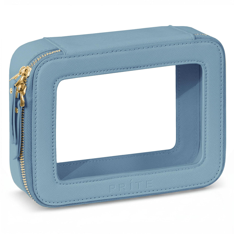 Prite clear makeup bag blue front showcases sleek vegan leather and durable build for travel storage.