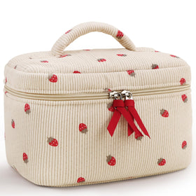 Prite corduroy large travel makeup bag with floral strawberry pattern for organized packing.