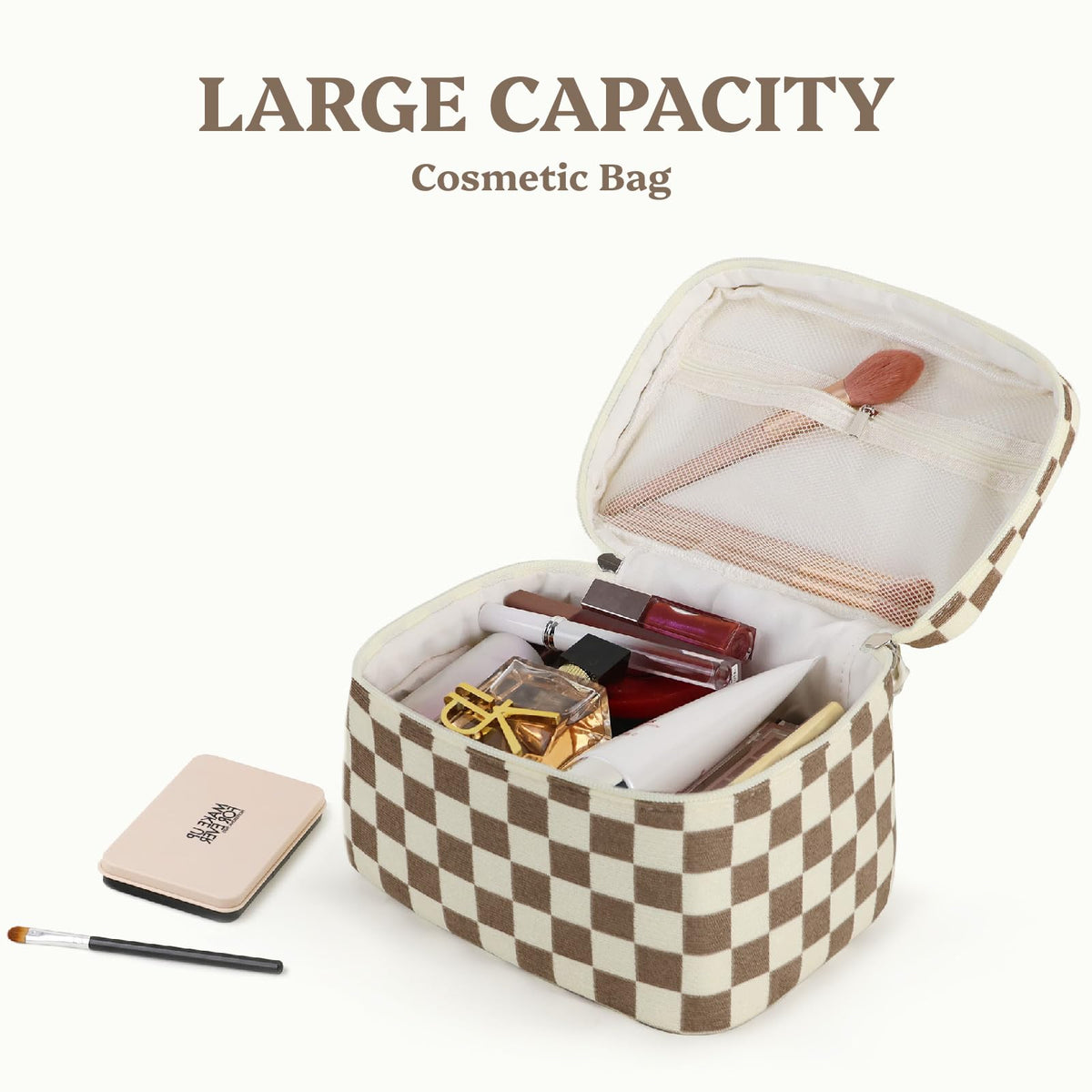 Prite makeup bag featuring a gold-plated zipper for smooth operation.
