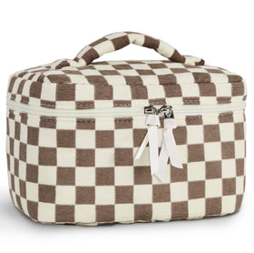 Prite corduroy makeup bag with floral pattern for spacious cosmetics storage.