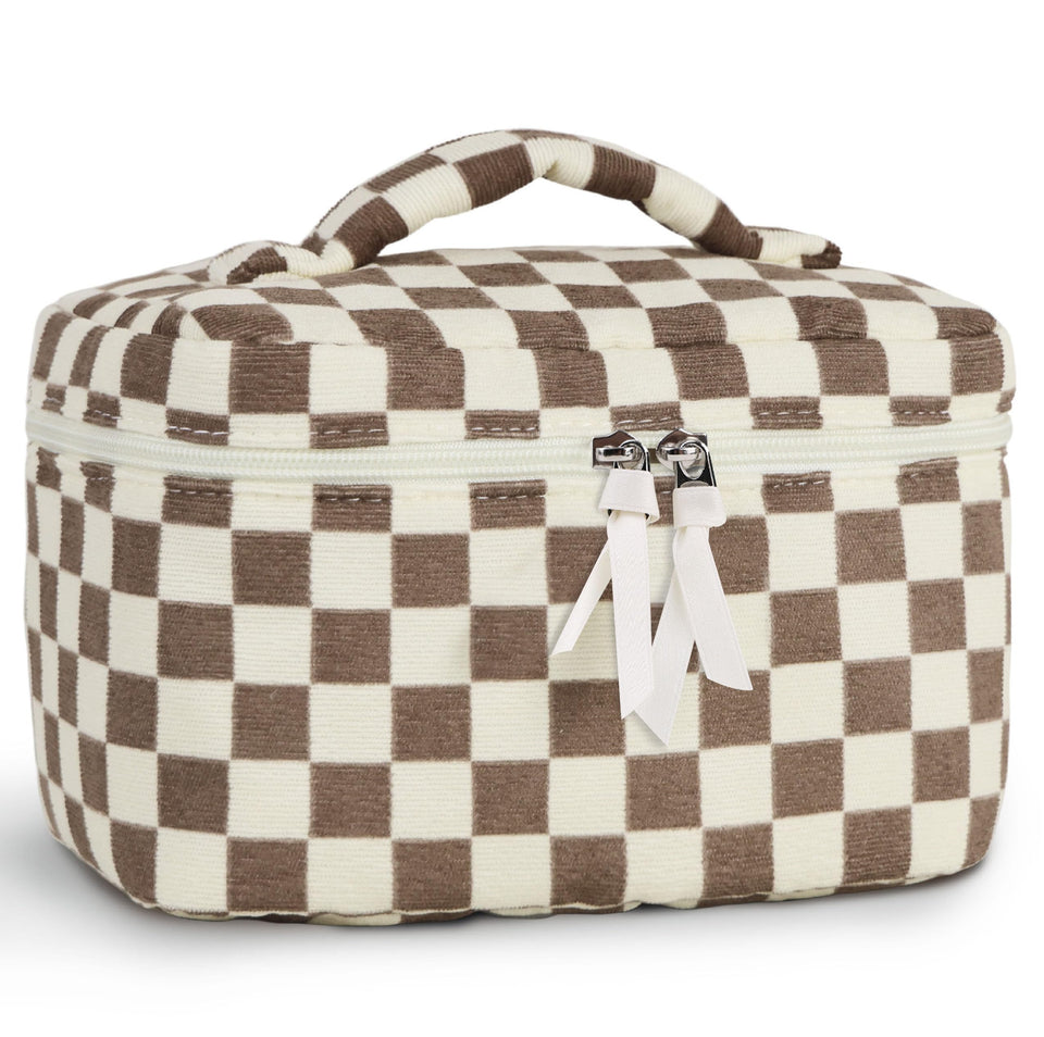 Prite corduroy makeup bag with floral pattern for spacious cosmetics storage.