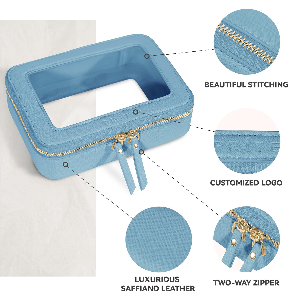 Prite golden zip closure emphasizes secure, stylish fastening.