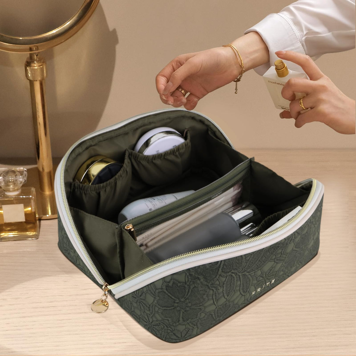 Prite green flower bag; stylish travel essential for cosmetics and palettes