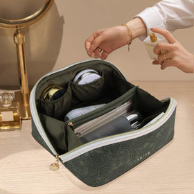 Prite green flower bag; stylish travel essential for cosmetics and palettes
