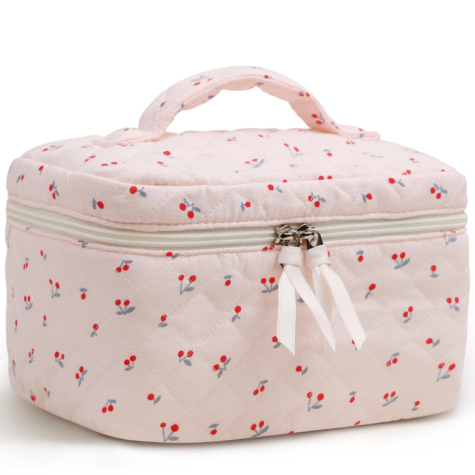 Prite large cosmetic bag with cherry floral pattern for organized makeup.