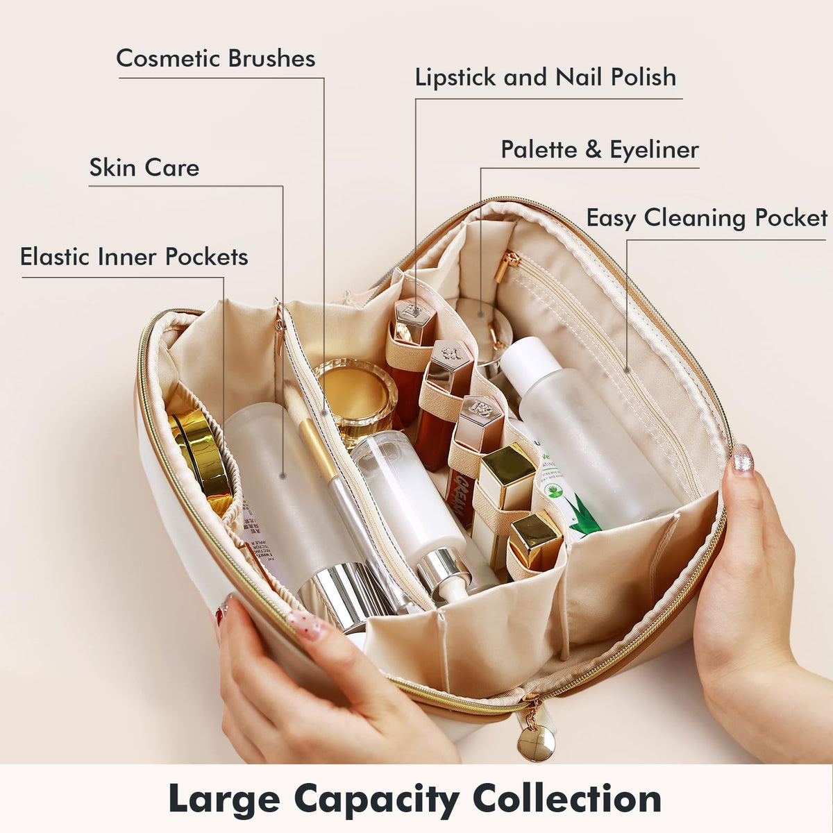 Prite makeup bag beige large pro three compartments keep items organized
