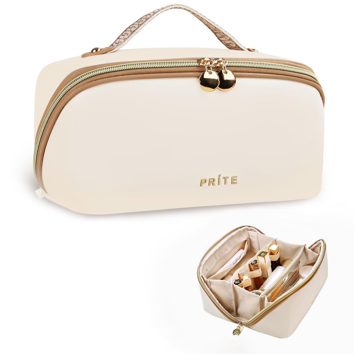 Prite makeup bag beige large pro open flat for quick access