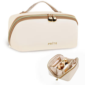 Prite makeup bag beige large pro open flat for quick access