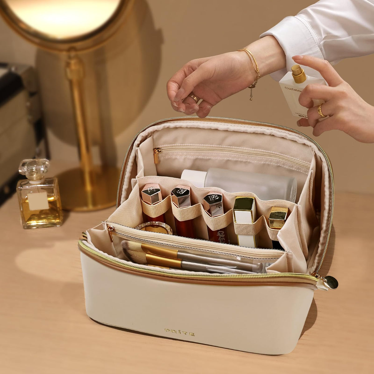 Prite makeup bag beige large pro ideal for travel or home use