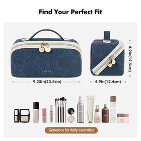 Prite makeup bag blue flower compartments visible emphasizes three sections for brushes and skincare