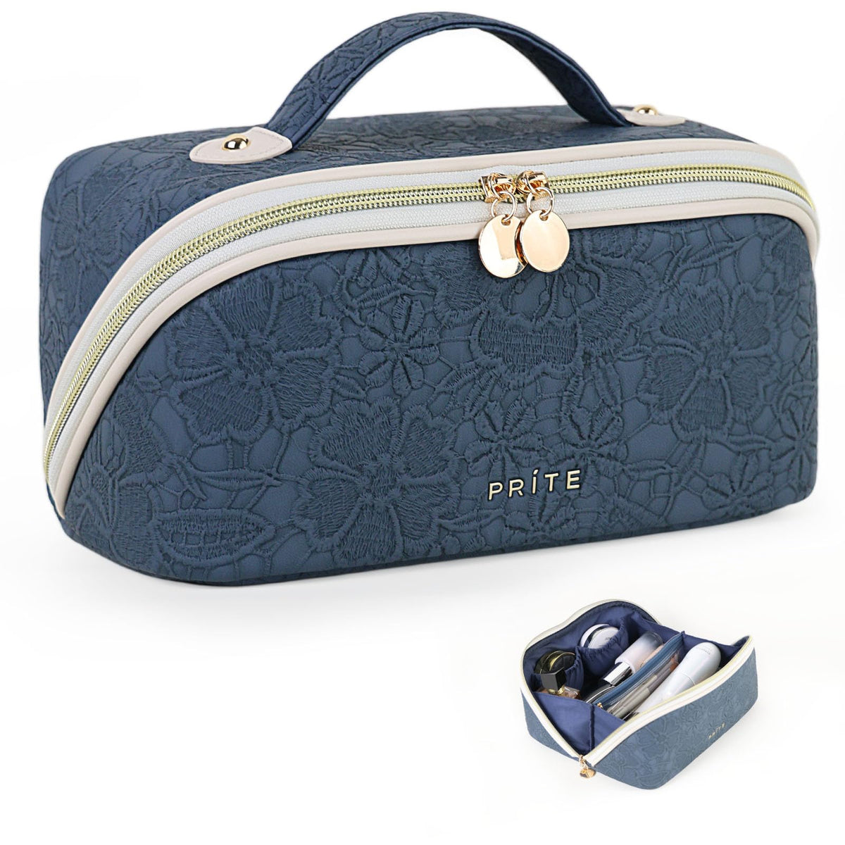 Prite makeup bag blue flower open flat shows organized cosmetics at a glance