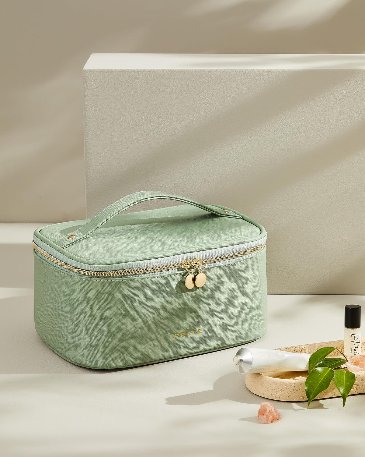 Prite makeup bag brush compartment keeps tools organized and protected during travel.