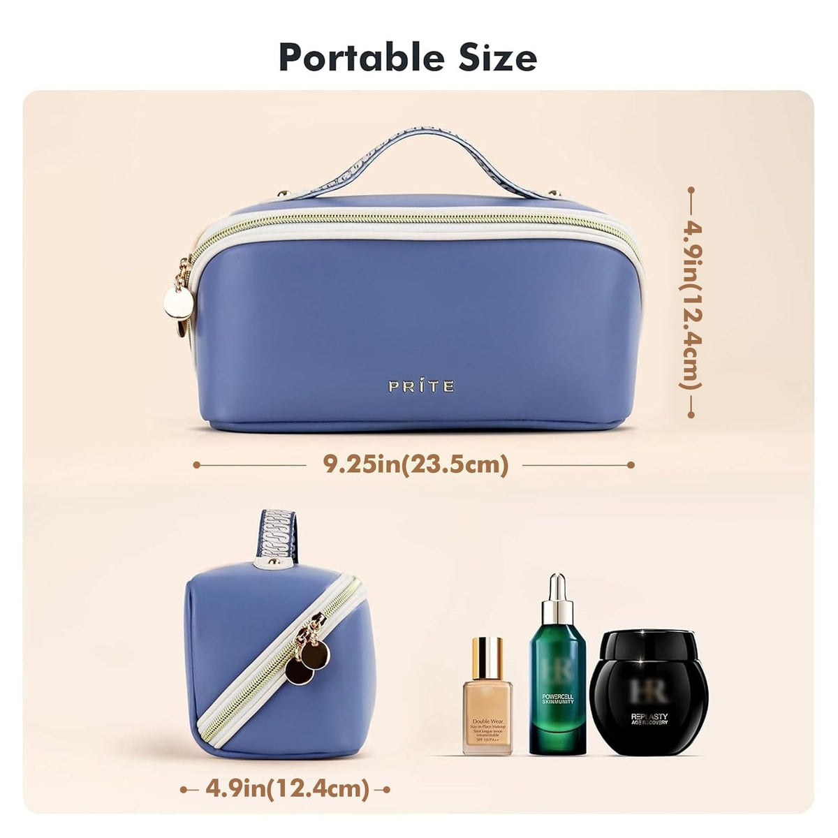 Prite blue makeup bag interior shows clear divider for easy visibility and storage.