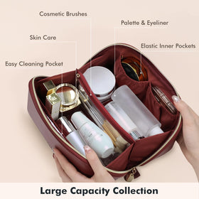 Prite dark red makeup bag with clear divider enhances organization during travel.