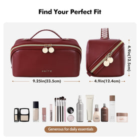 Prite vegan leather makeup bag shows separate compartments for items.