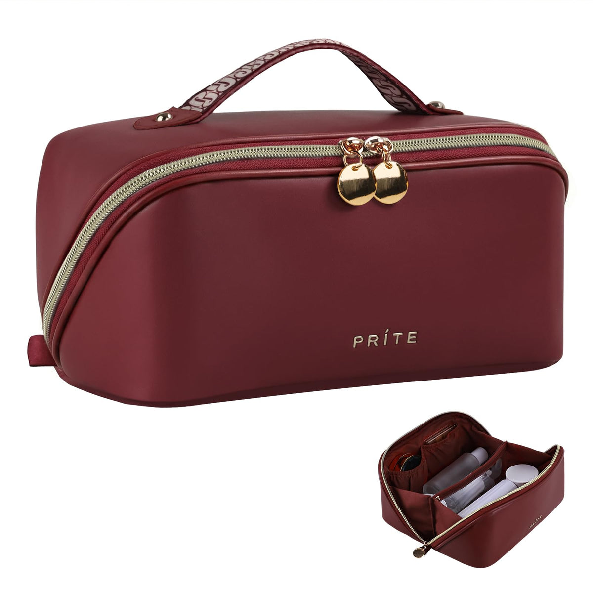Prite makeup bag open-flat design keeps cosmetics visible and accessible.