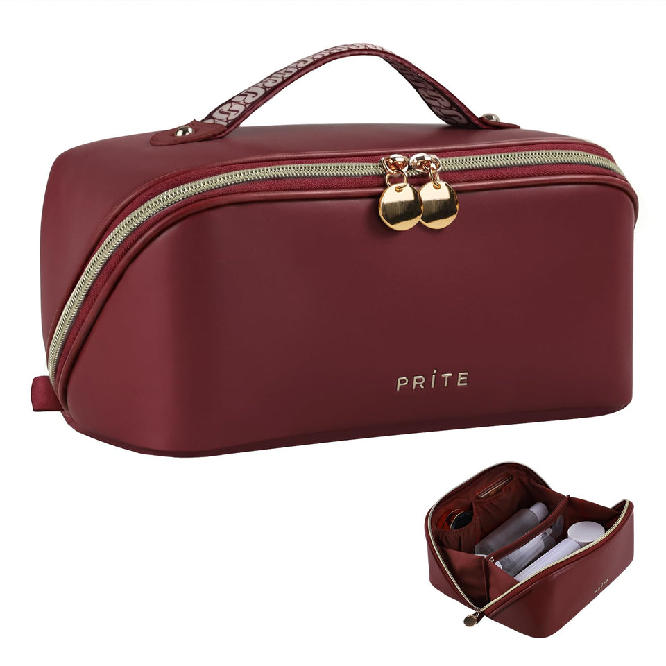 Prite makeup bag open-flat design keeps cosmetics visible and accessible.