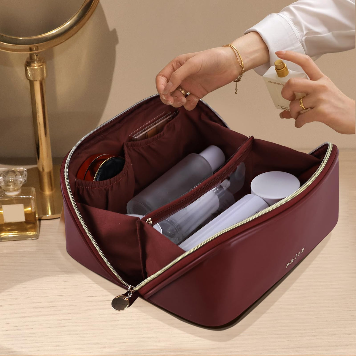 Prite stylish design complements beauty routine and luggage.