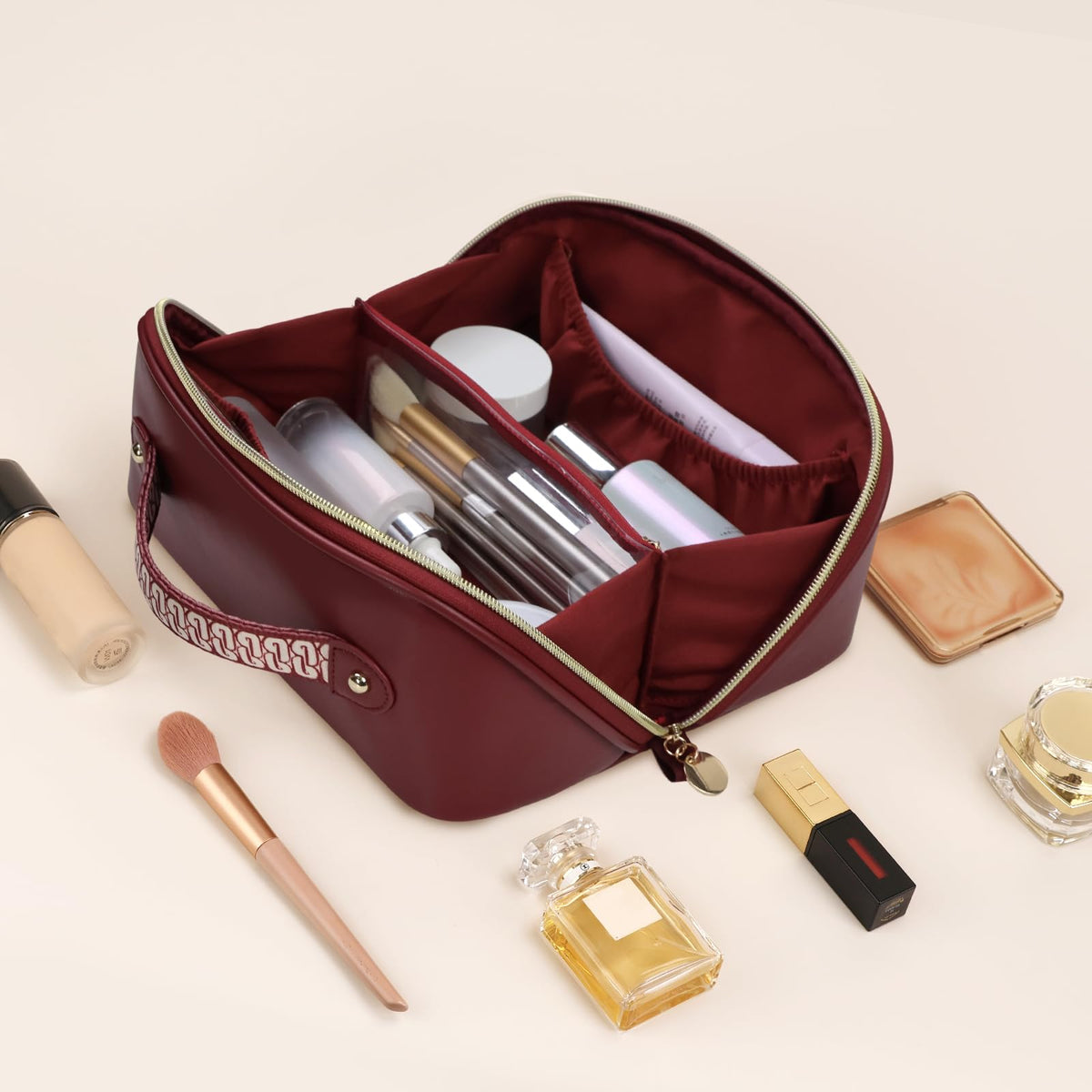 Prite compact but spacious makeup bag for travel and home organization.